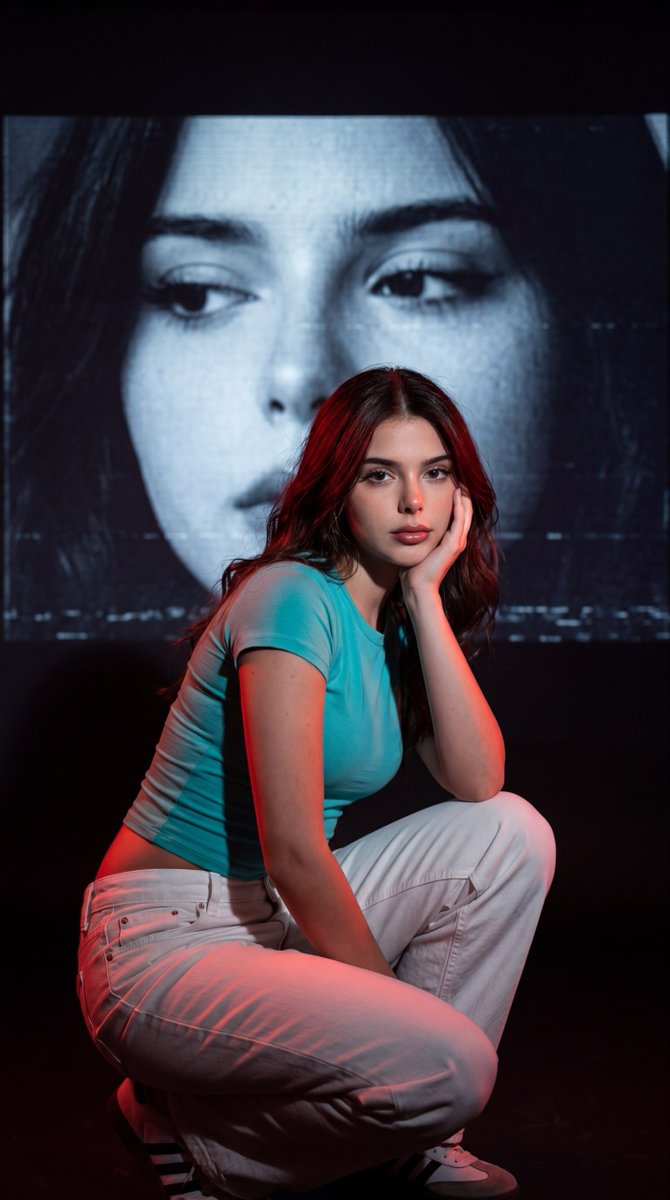 Contrasting Realities: Portrait with Turquoise and VHS Projection