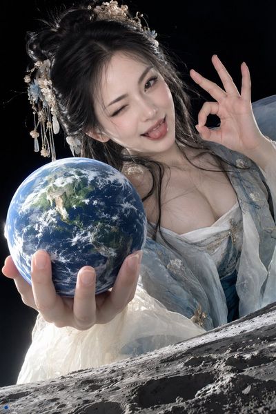 Giant Hanfu Woman Holds Earth While Winking from Moon View