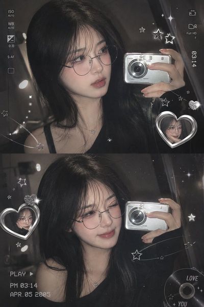 Korean girl in silver glasses takes mirror selfie with retro camera