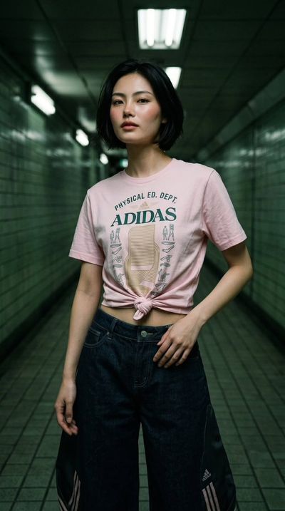 East Asian model poses in subway with pastel pink Adidas shirt