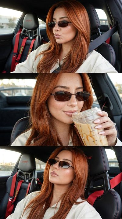 Redhead model sips iced coffee in luxury Porsche selfie collage