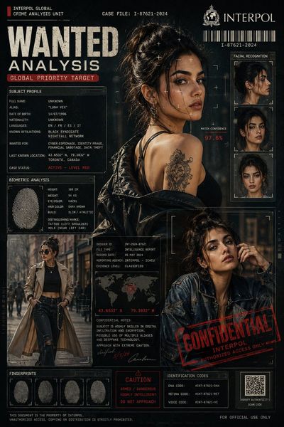 Interpol analysis poster combines biometric data with fashion elegance.