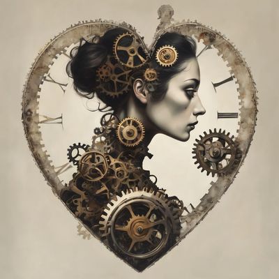 Victorian woman with clockwork gears emerges from sepia shadows.