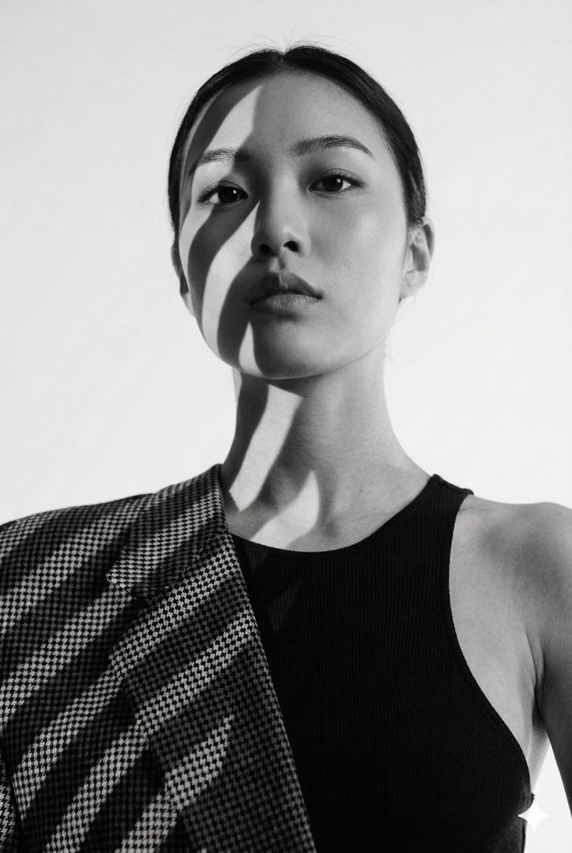 A woman in a houndstooth blazer poses with dramatic shadows