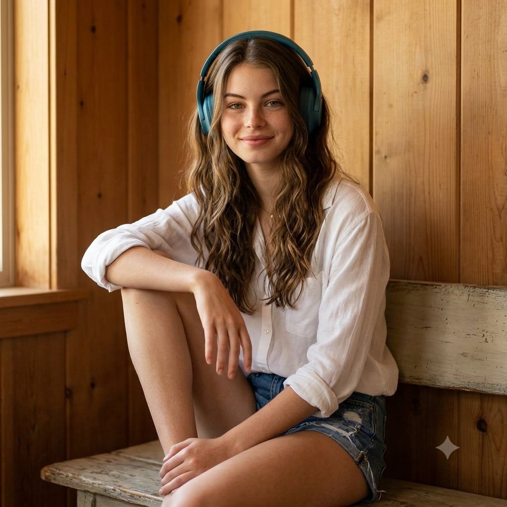 Young woman in white shirt with teal headphones smiles by wooden wall