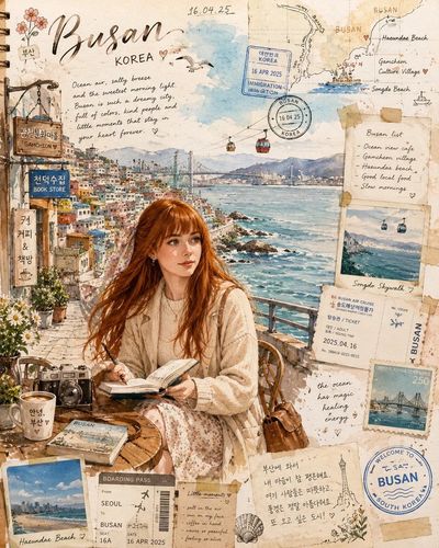 Red-haired girl writes in notebook at Busan seaside café