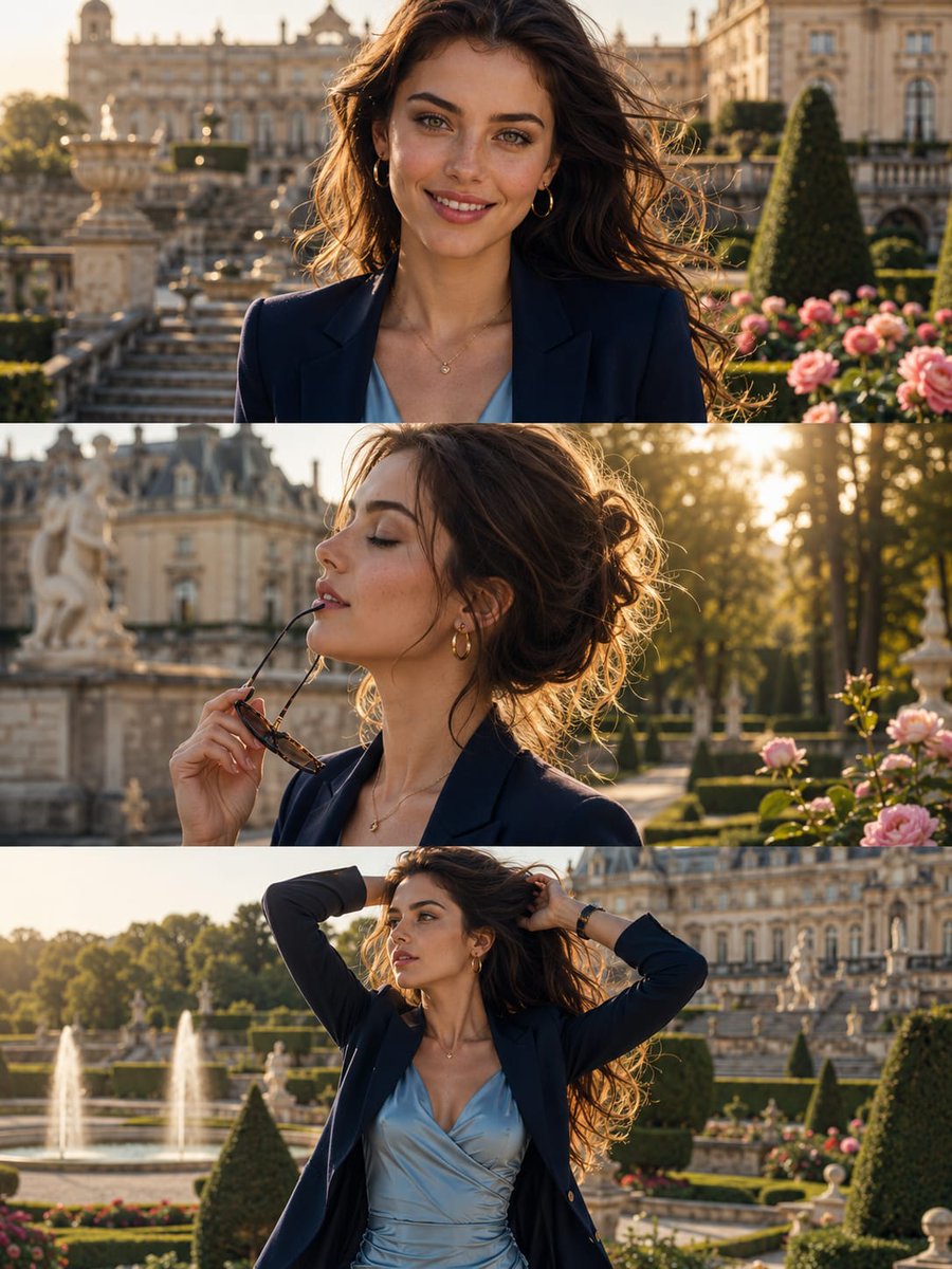 A woman in a navy blazer poses in a sunlit palace garden