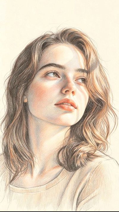 A graceful portrait emerges from soft graphite and peach hues