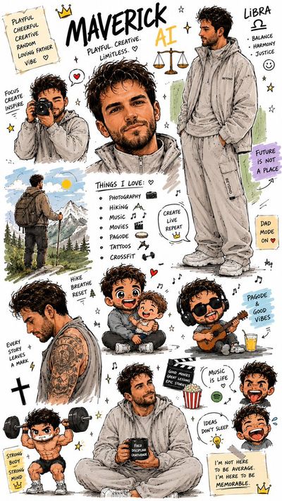 A messy sketchbook page reveals Maverick AI's playful doodle personality