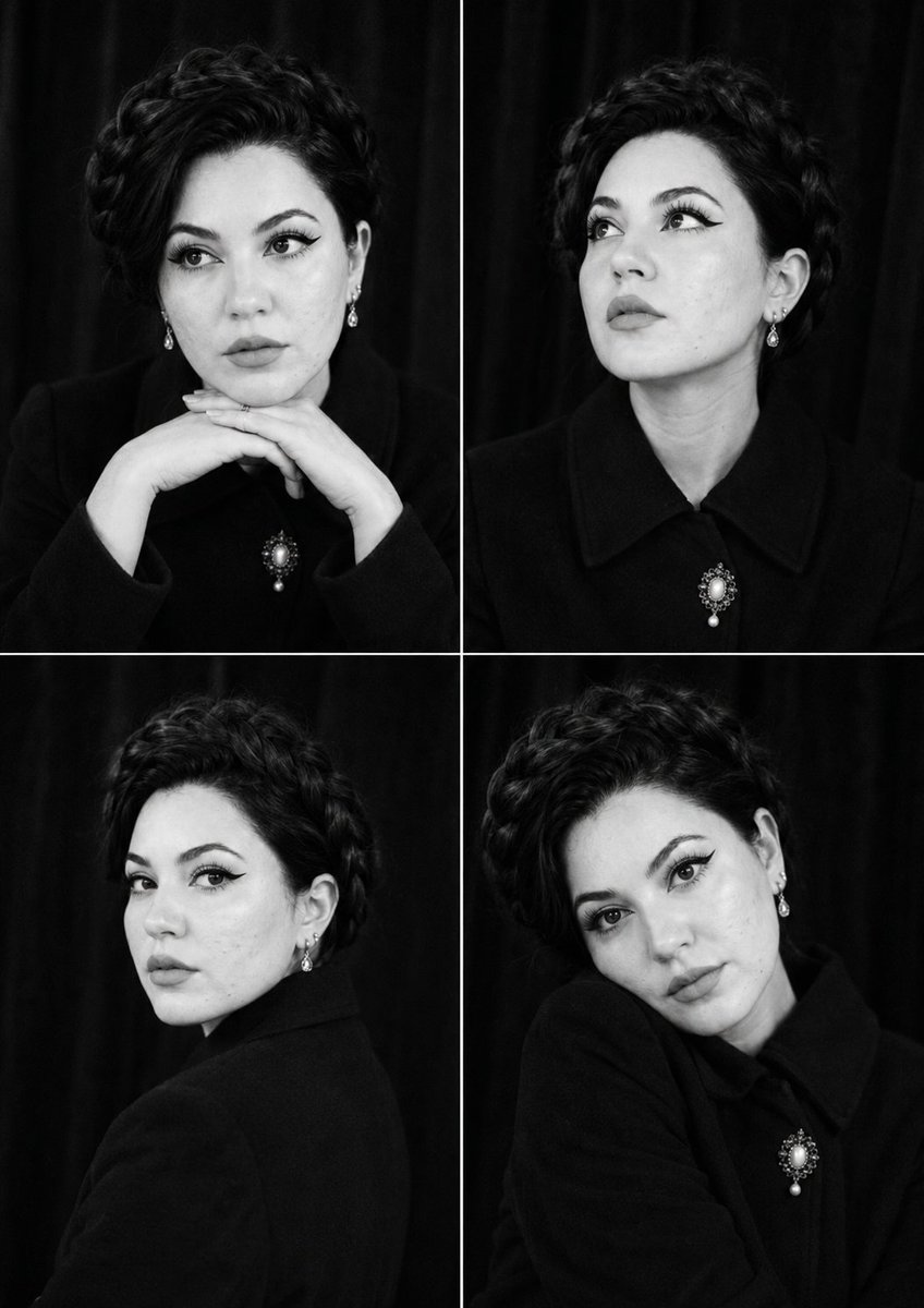 Four portraits of a woman with a braided crown in monochrome