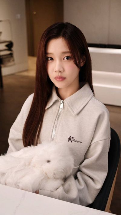 Young woman cuddling a white bunny in a bright minimalist cafe