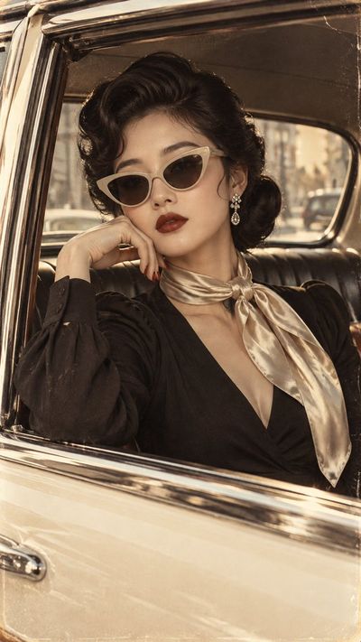 Vintage portrait of a woman with cat-eye glasses and silk scarf