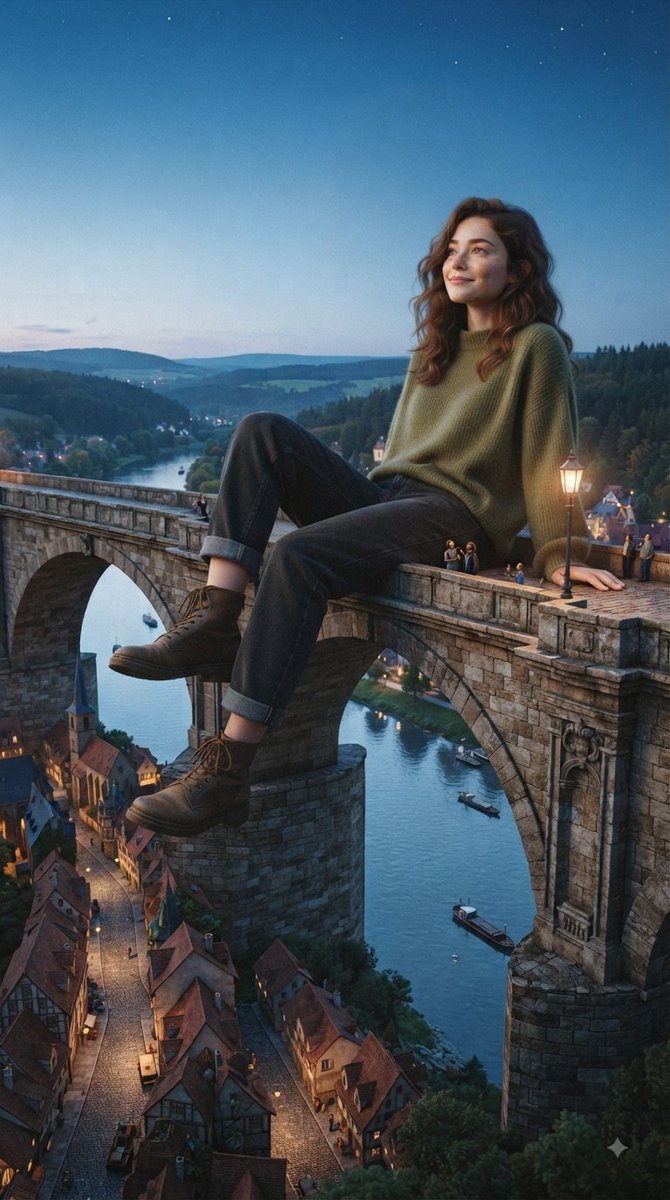 Giant woman dangles feet over medieval town at twilight