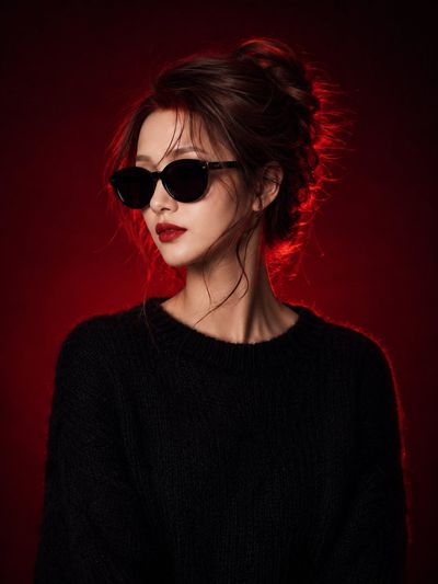 A striking woman in black knit and sunglasses with red rim light