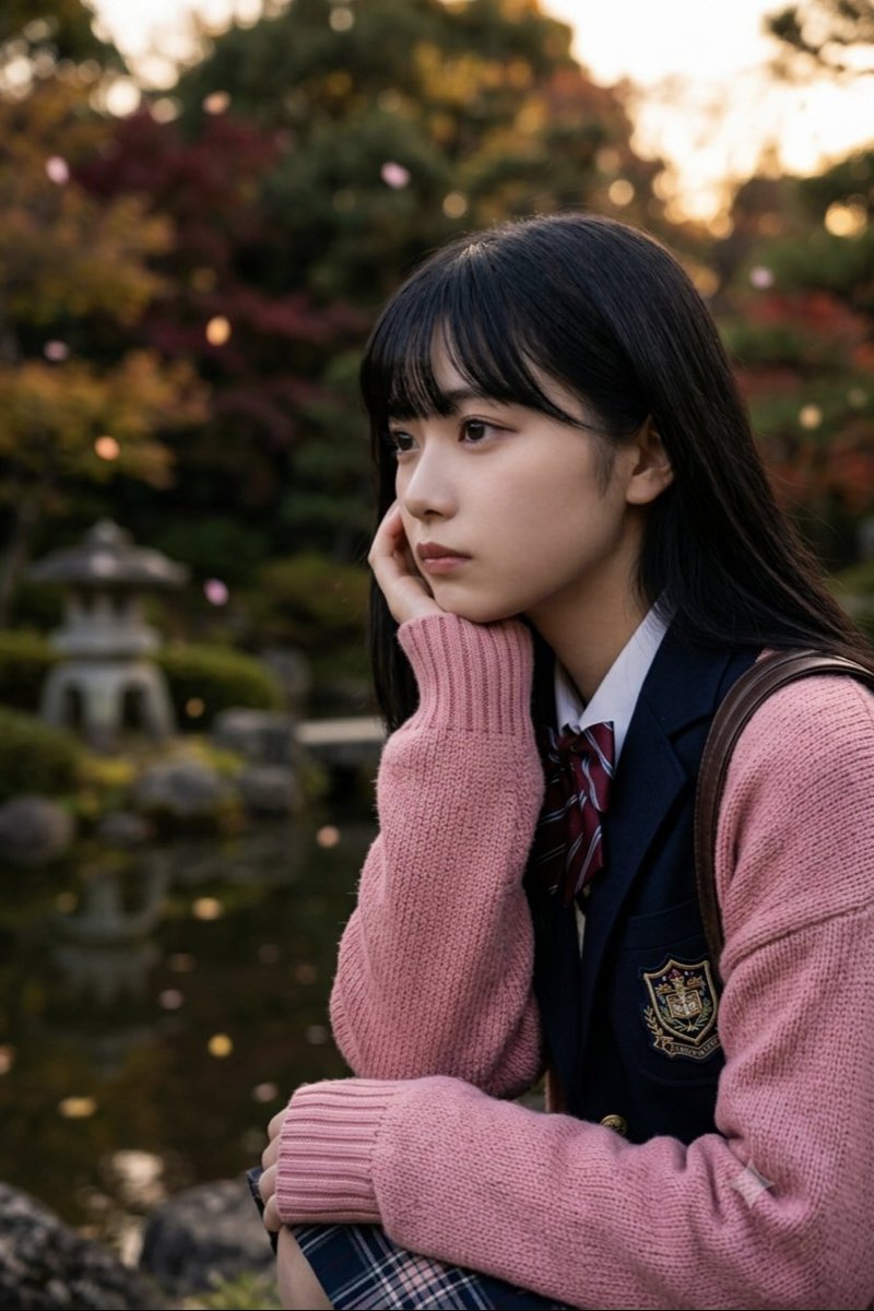 A pensive student in a serene autumn garden ponders life