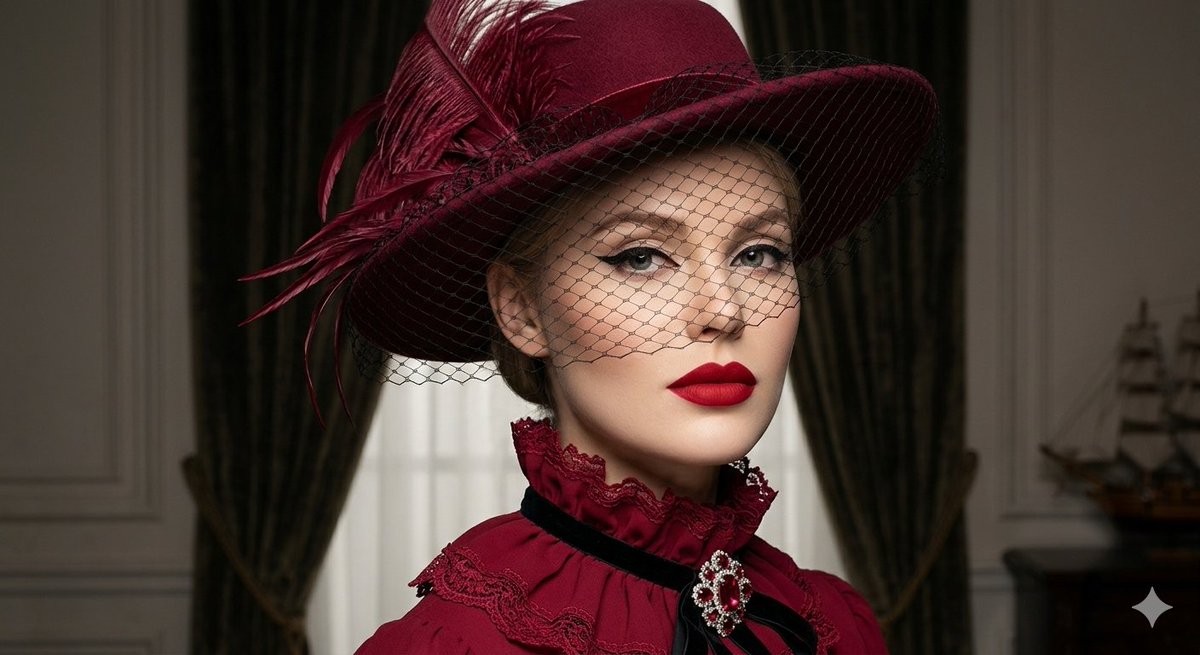 A woman in ruby hat with veil poses in vintage glamour style.