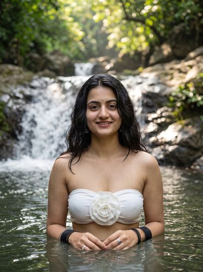 Serene Woman Standing Before Lush Jungle Waterfall in White Lace