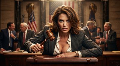 A female politician grips a gavel in a noir-lit chamber
