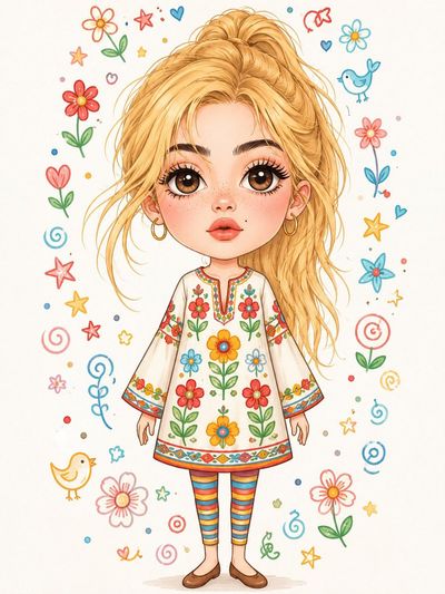 A cheerful chibi doll in floral tunic surrounded by whimsical doodles