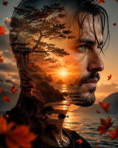 Woman's silhouette blends with sunset pagoda landscape and ocean