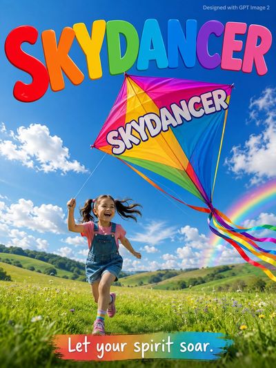 A laughing girl runs with a giant rainbow kite in a sunny field.