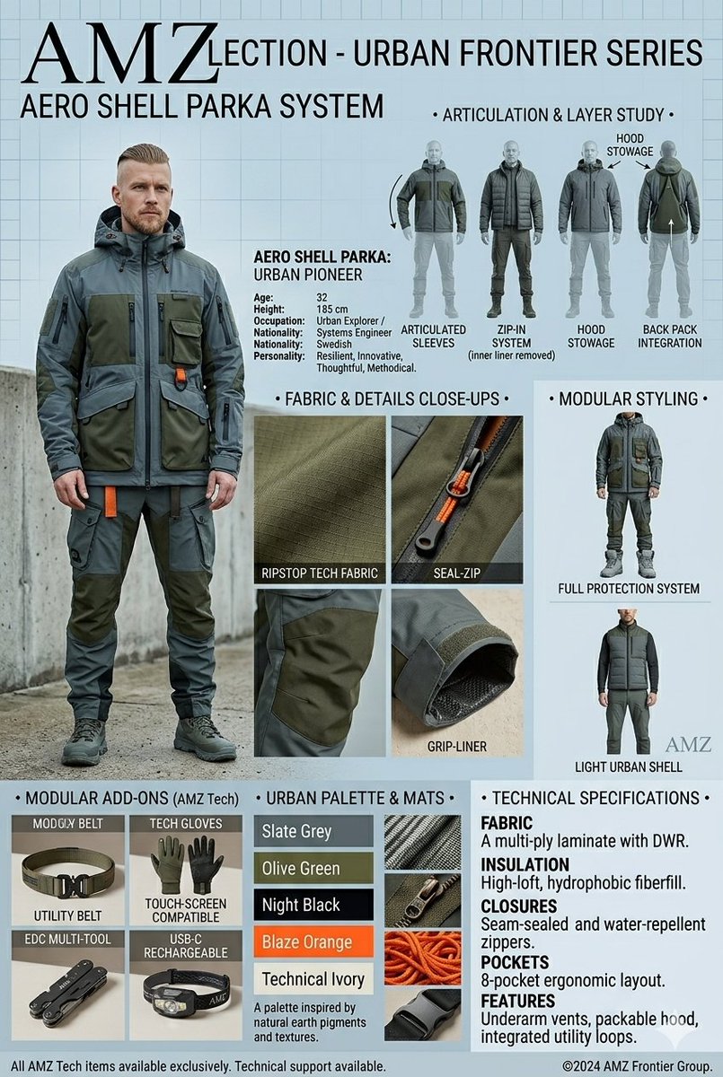 AMZ Collection urban frontier series technical outerwear spec sheet
