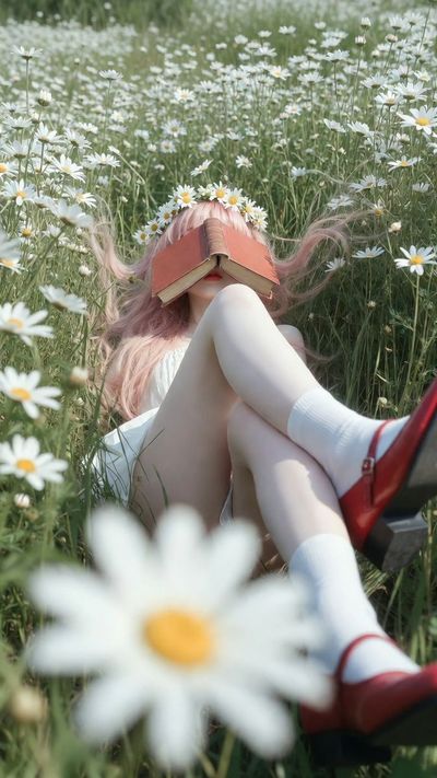 Pastel Hair in a Sea of Daisies: Dreamlike Summer Perspective