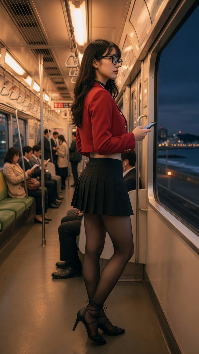 A stylish woman in a red blazer poses on a Japanese train