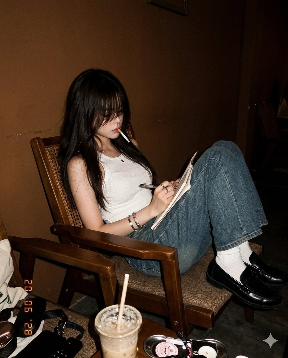 A woman writes in a notebook under warm café light