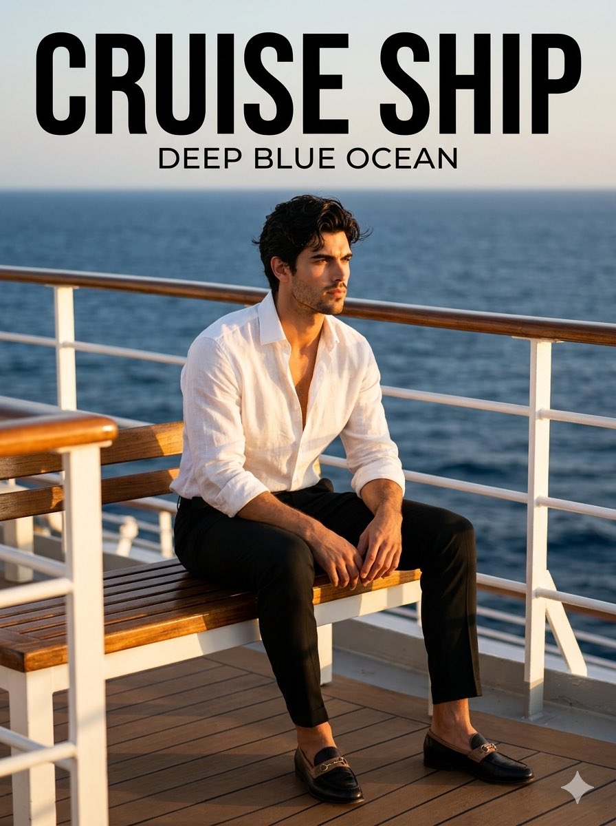Man in white linen shirt sits on cruise deck at golden hour