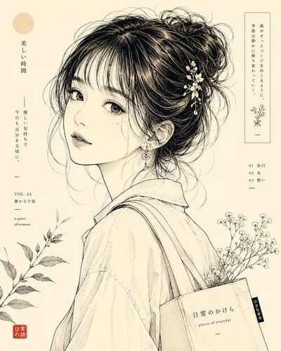 Japanese line-art portrait with delicate hatching and ivory tones