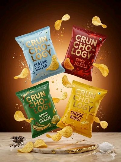 Four Crunchology chip bags float in golden studio light