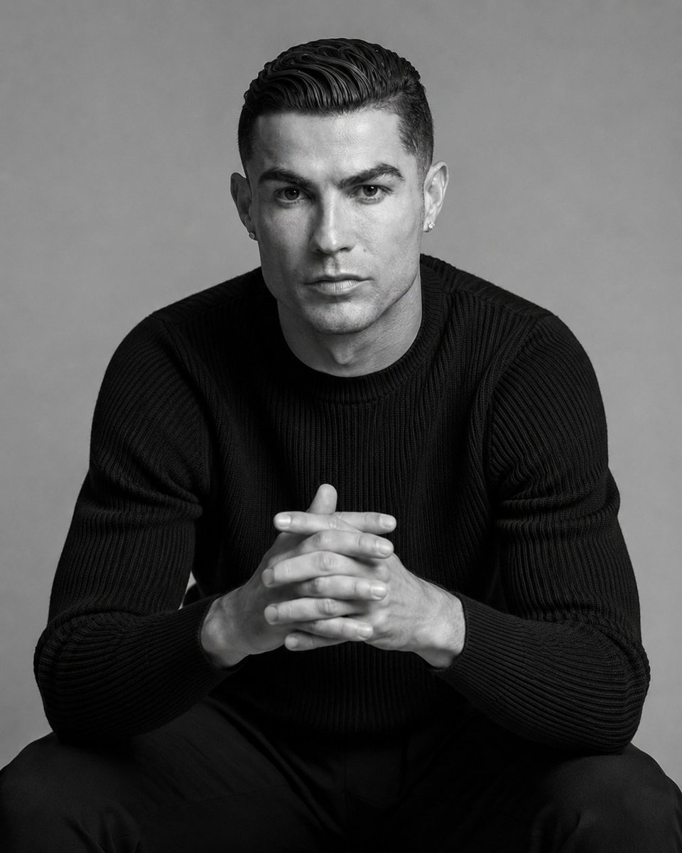 A confident man in a black sweater poses for a luxury studio portrait
