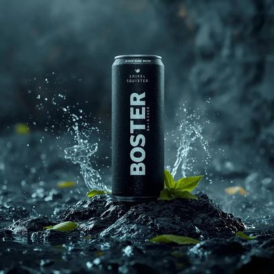BOSTER Energy Can on Wet Rocks with Cinematic Blue Lighting