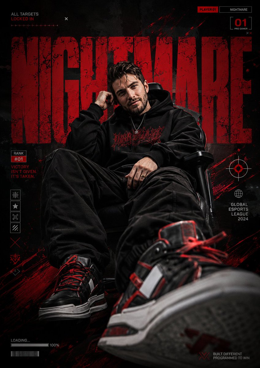 A confident esports star sits in oversized streetwear with dramatic lighting