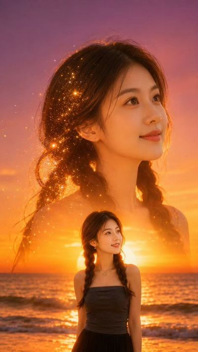 A woman's profile merges with golden sunset ocean waves