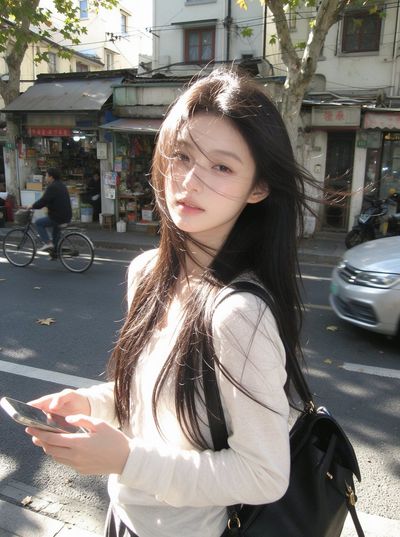 Sunlit Street Style: Girl with Phone Amid Morning Shops