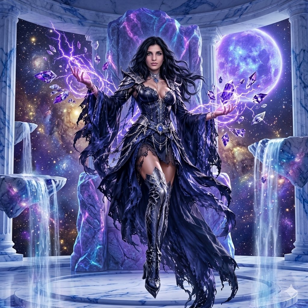 Sorceress floats in cosmic temple with crackling purple lightning