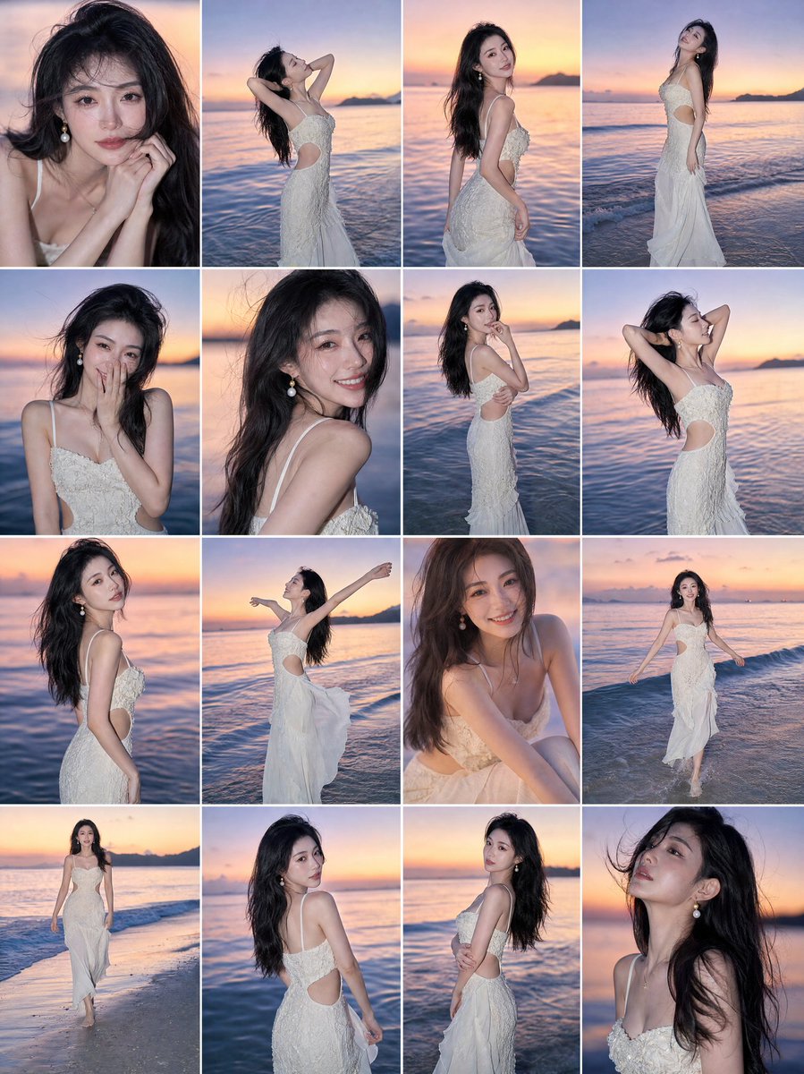 Young woman in ivory lace dress poses at sunset beach