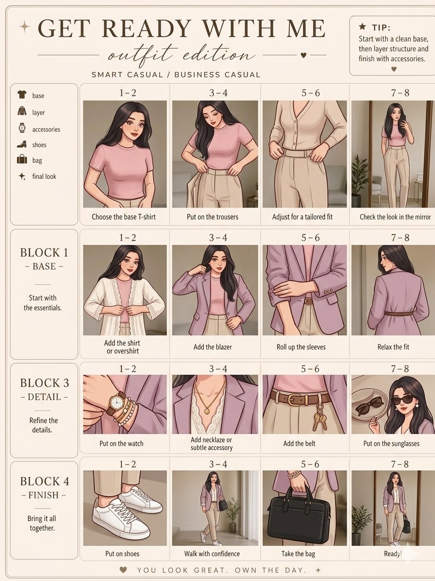A woman in pastel pink outfits poses in a clean infographic style