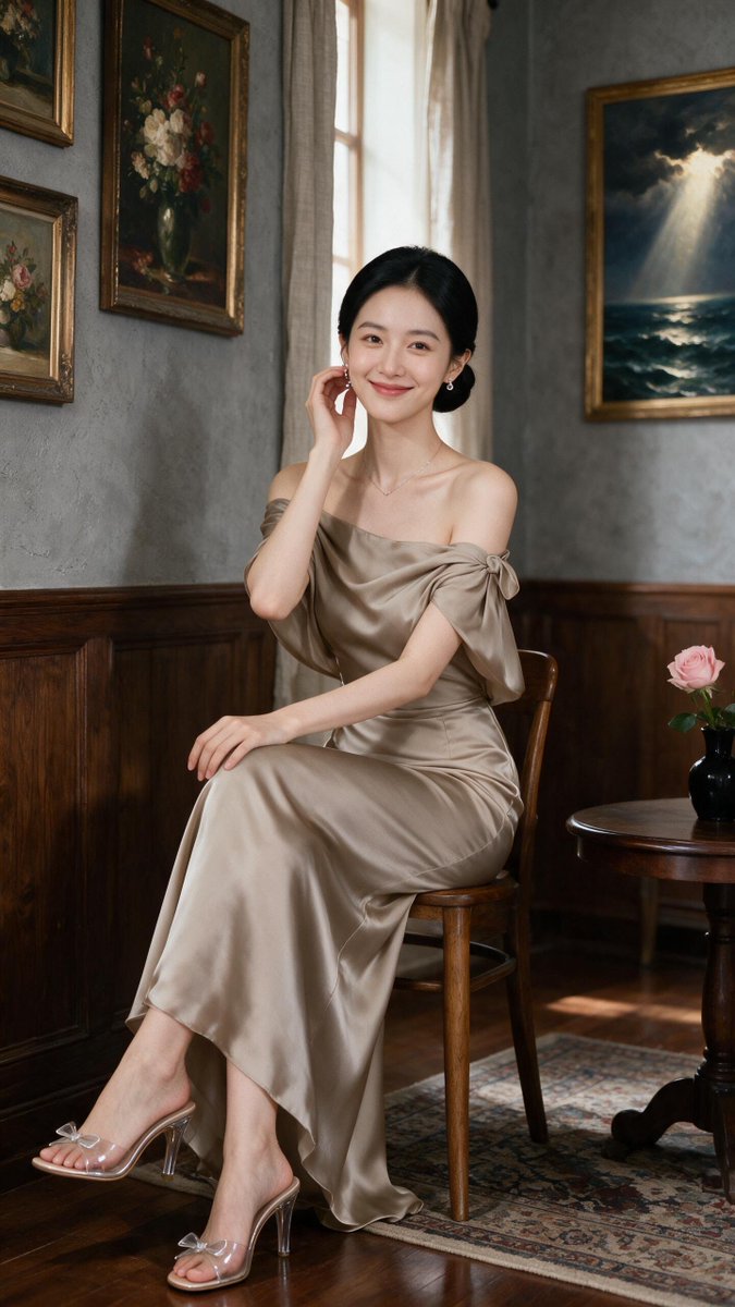 A young woman in taupe satin poses gracefully near floral paintings.