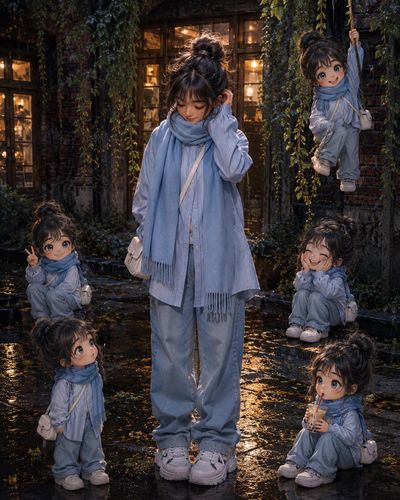 A shy girl stands in rain surrounded by her playful mini selves