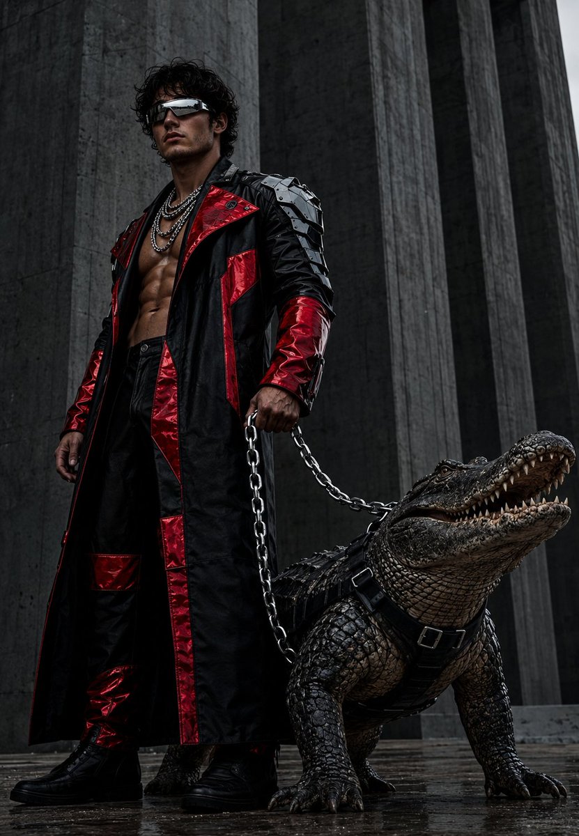 A muscular man in a black leather coat stands beside a huge alligator