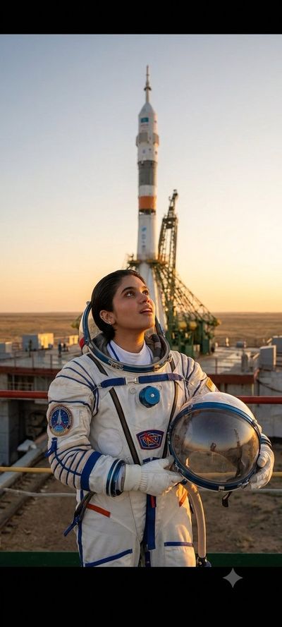 Young Kazakh cosmonaut gazes at Soyuz rocket during golden hour