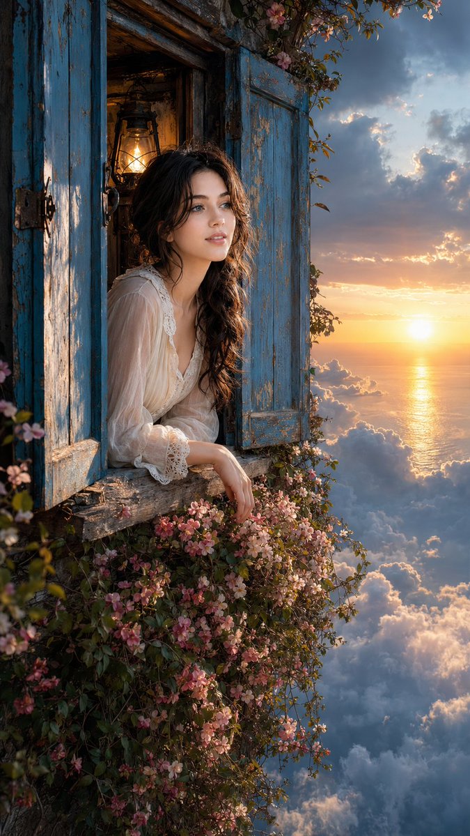 Woman leans from weathered blue window above sunset clouds