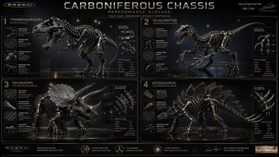 Forged carbon dinosaur skeleton roars in luxury automotive studio