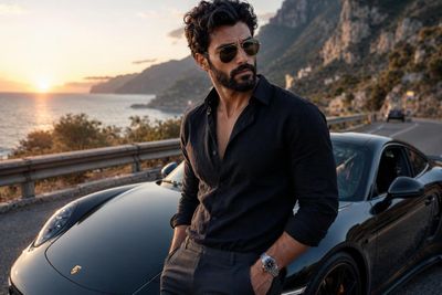 Bearded man in black linen stands by luxury sports car at sunset