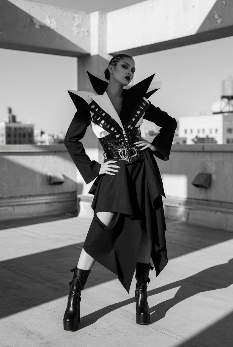 Monochrome Elegance: Avant-Garde Fashion on Concrete Rooftop