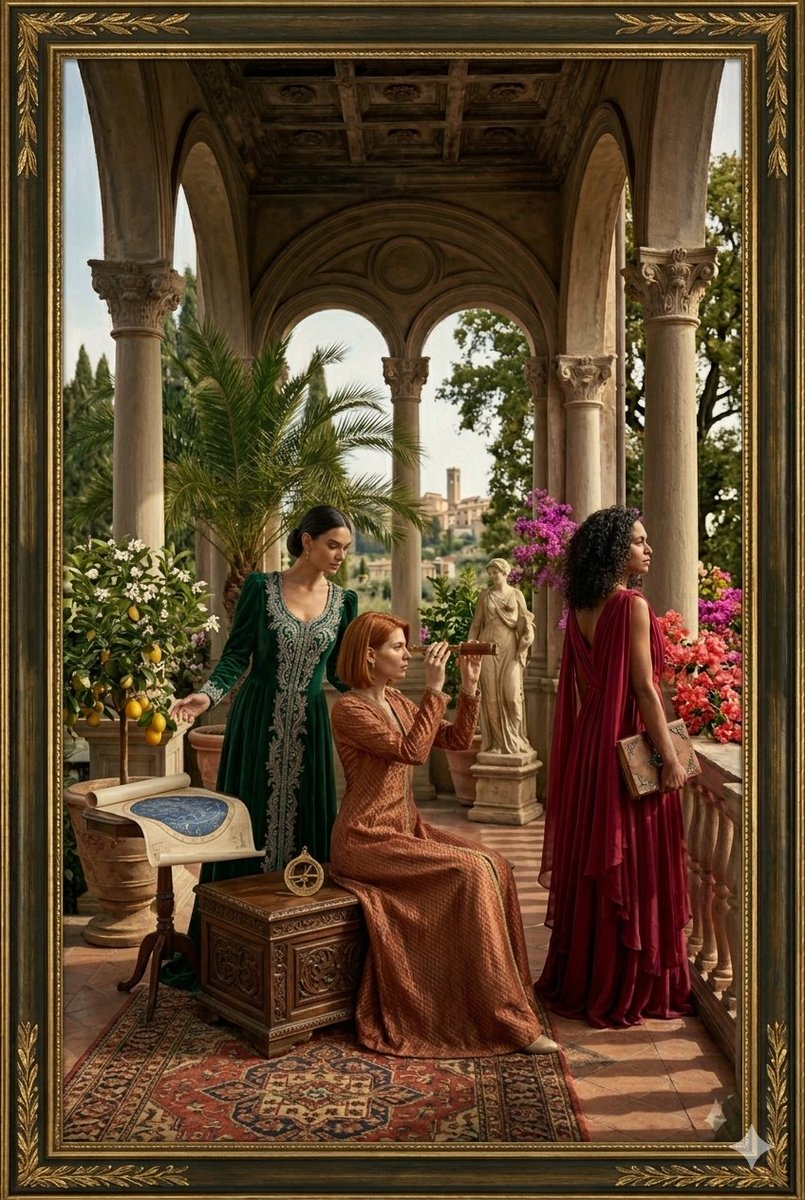 Renaissance scholars study celestial maps on a sunlit terrace