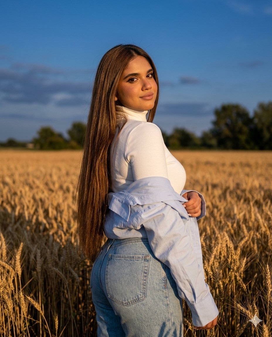 A slender model poses in a golden wheat field at sunset.